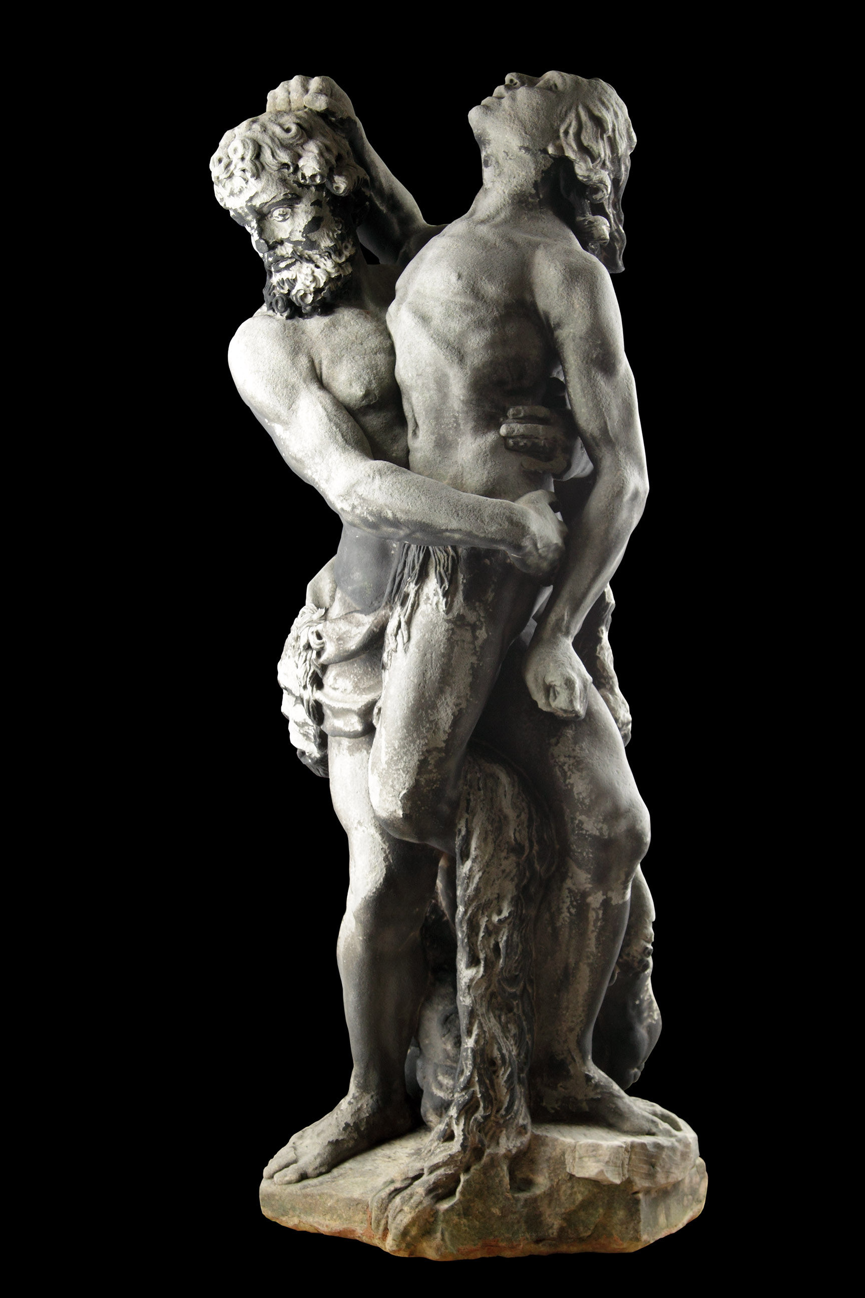 Baroque Bentheim Sandstone Mythological Sculpture of the God Hercules Wrestling the Giant Antaeus a Lion Skin Paw Feet and Mask Head Draped Around His Torso